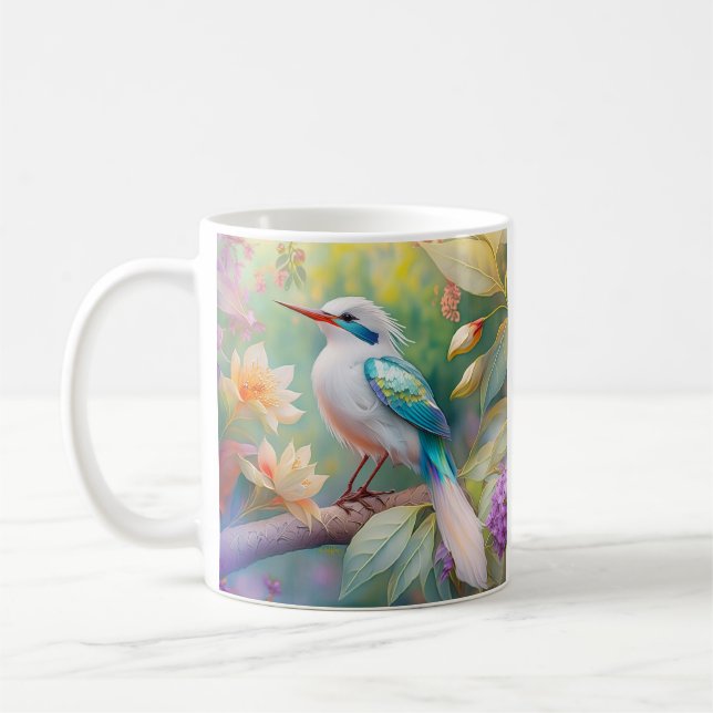 Caneca De Café Pássaro Fantasia Branca, Iridescente, Teal Wing (Esquerda)
