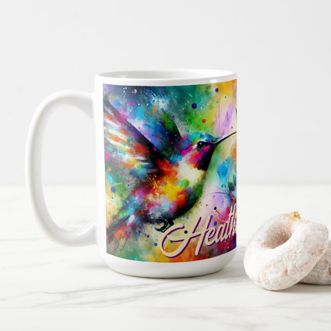 Caneca De Café Pássaro Hummingbird Colorido Whimsical Personaliza (Com Donut)