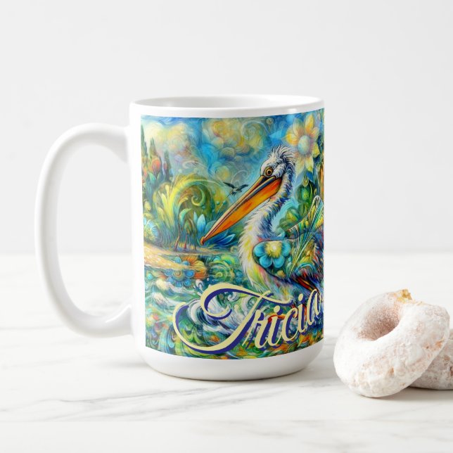 Caneca De Café Pássaro Pelicano no País das Maravilhas Personaliz (Com Donut)