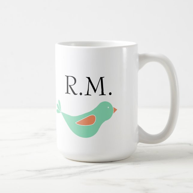 Caneca De Café Pássaro Verde Pastel Monograma (Direita)