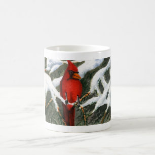 Caneca De Café Pássaro vermelho brilhante Cardinho em pinheiros d