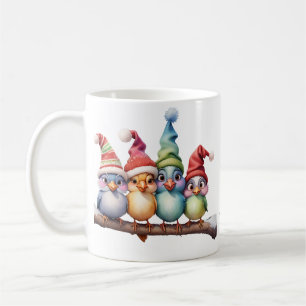 Caneca De Café Pássaros bonitos de fantasia com chapéus de Natal.