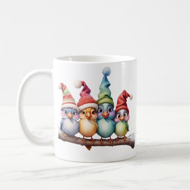 Caneca De Café Pássaros bonitos de fantasia com chapéus de Natal. (Esquerda)
