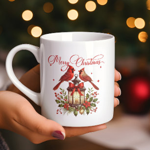 Caneca De Café Pássaros Cardinal em Lanterna de Natal em Aquarela