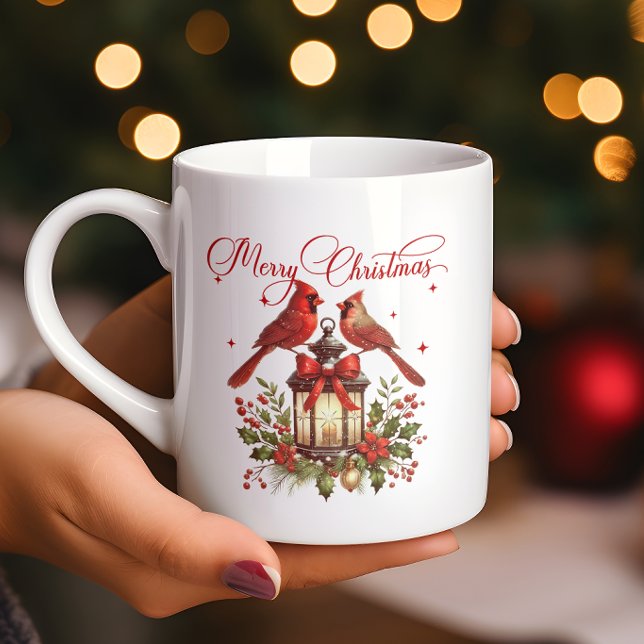 Caneca De Café Pássaros Cardinal em Lanterna de Natal em Aquarela (Criador carregado)