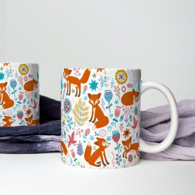 Caneca De Café Pássaros Coloridos Flores e Raposas Padrão (Criador carregado)