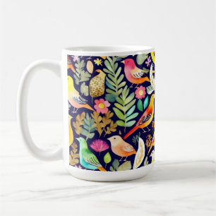 Caneca De Café Pássaros coloridos padrão floral decor azul
