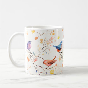 Caneca De Café Pássaros com Cores d'Água no Padrão de Ramificação