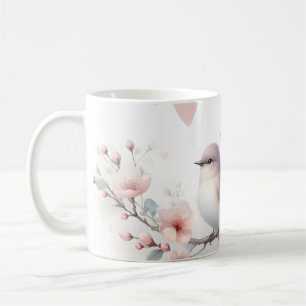 Caneca De Café Pássaros de Amor Romântico Ramo de Flor de Cerejei