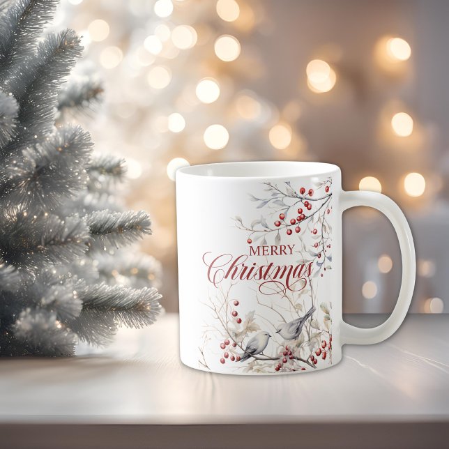 Caneca De Café Pássaros de inverno Berries vermelhos Feliz Natal (Criador carregado)