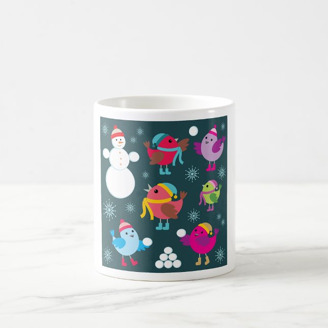 Caneca De Café Pássaros de Inverno Brincando na Neve com Boneco d (Criador carregado)
