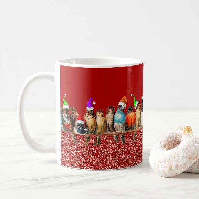 Caneca De Café Pássaros de Natal Santa Hat Vermelho Azul Verde (Com Donut)