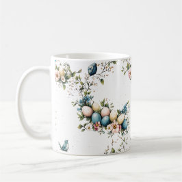 Caneca De Café Pássaros de Páscoa e Floral de Primavera em Aquare