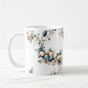Caneca De Café Pássaros de Páscoa e Floral de Primavera em Aquare