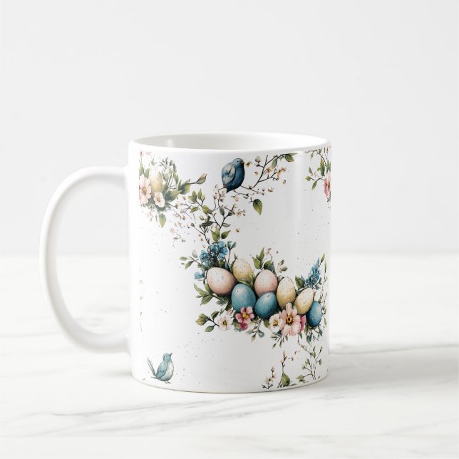 Caneca De Café Pássaros de Páscoa e Floral de Primavera em Aquare (Esquerda)