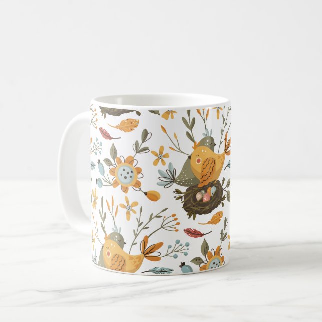 Caneca De Café Pássaros do Amor Padrão Boêmico Floral (Frente Esquerda)