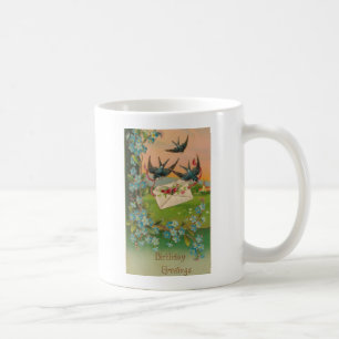 Caneca De Café Pássaros e flores com cartão postal de aniversário
