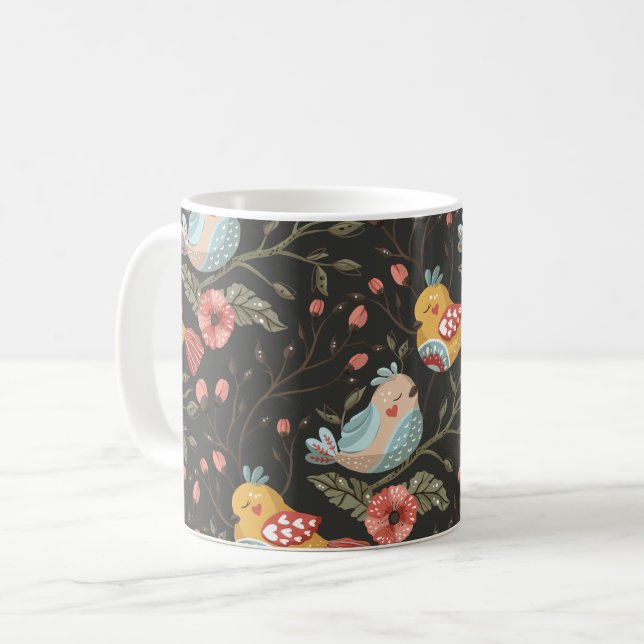 Caneca De Café Pássaros Flores Padrão de Amor Boêmia (Frente Esquerda)