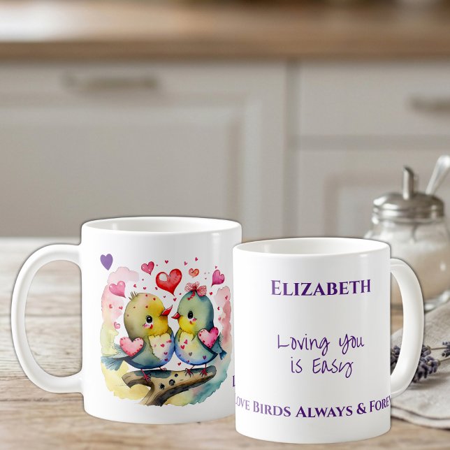 Caneca De Café Pássaros fofos amando você nome personalizado roxo (Criador carregado)