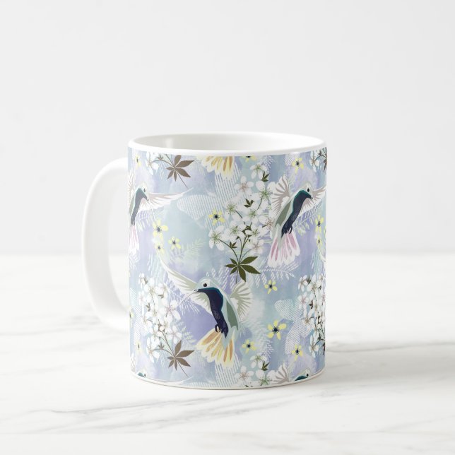 Caneca De Café Pássaros humanos e flores brancas (Frente Esquerda)