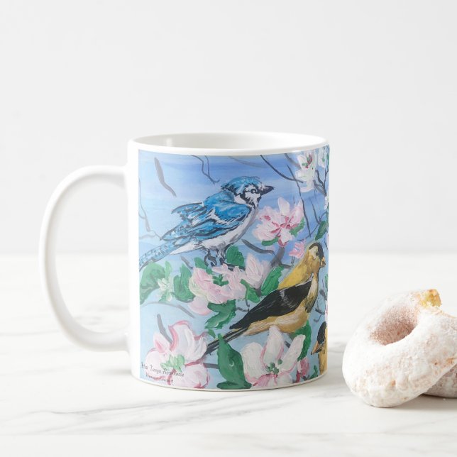 Caneca De Café Pássaros no quintal azul-jay-amarelo (Com Donut)