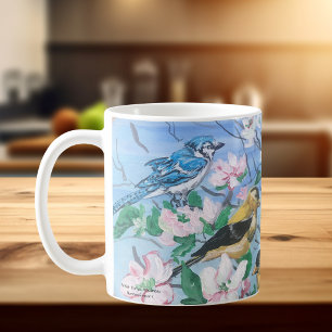 Caneca De Café Pássaros no quintal gaio azul pintassilgo amarelo
