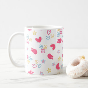 Caneca De Café Pássaros Rosa e Corações de Amor