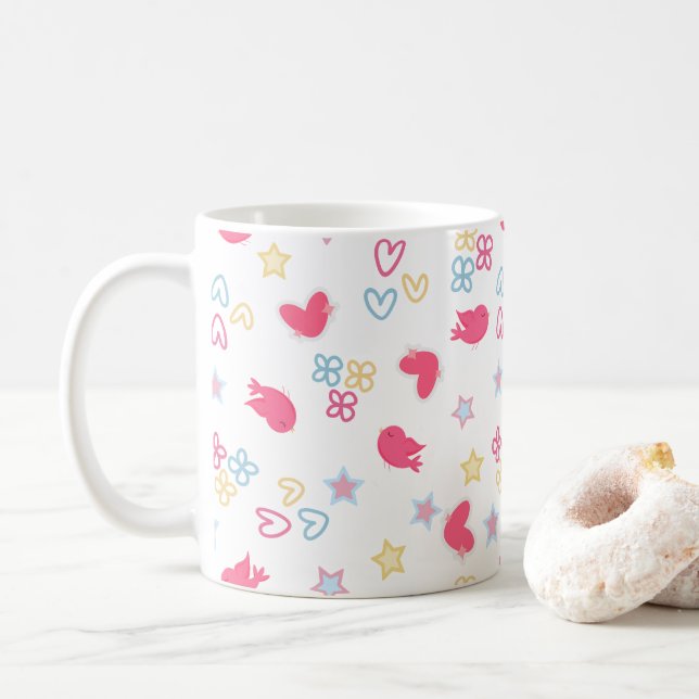 Caneca De Café Pássaros Rosa e Corações de Amor (Com Donut)