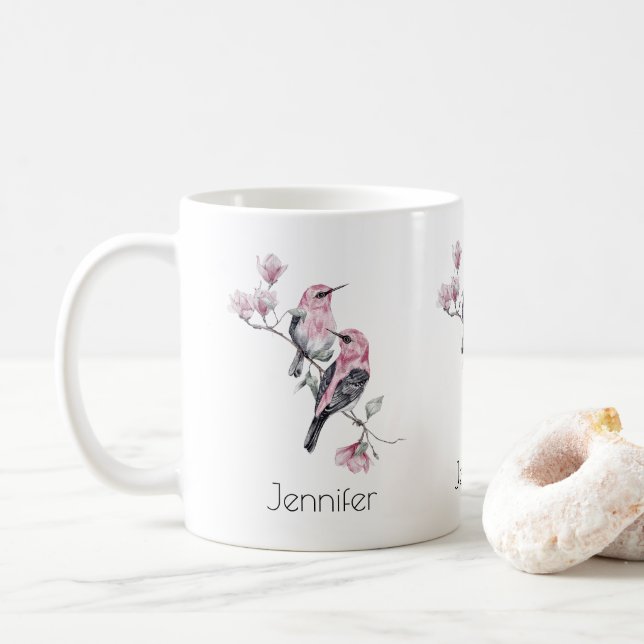 Caneca De Café Pássaros rosa e pretos em uma ramificação de árvor (Com Donut)