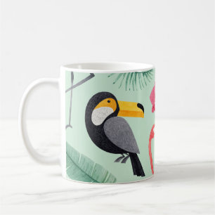 Caneca De Café Pássaros tropicais, flores, padrão de aquarela.