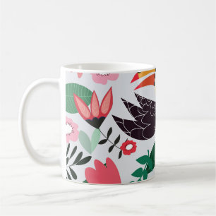 Caneca De Café Pássaros tropicais, padrão de rabiscos florais.