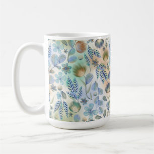 CANECA DE CAFÉ PASTEL BLUE GREEN & TAN WHIMSICAL GARDEN FLOWERS