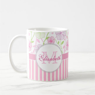 Caneca De Café Pastel cor-de-rosa, roxo, flores, listras rosa e b