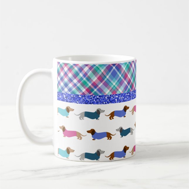 Caneca De Café Pastel Dachshund Xadrez Glitter (Esquerda)