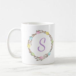 Caneca De Café Pastel Easter Willow Wreath With Purple Monogram