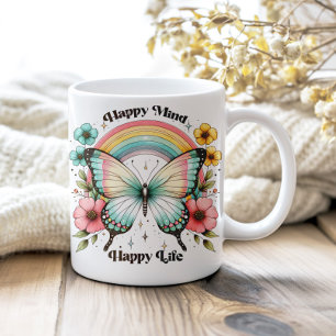 Caneca De Café Pastel Hippie "Feliz Mente Feliz Vida"