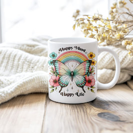 Caneca De Café Pastel Hippie "Feliz Mente Feliz Vida"