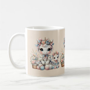 Caneca De Café Pastel Kawaii Unicorn Mãe Filha Duo Beige