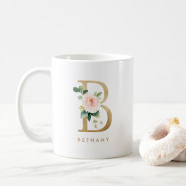 Caneca De Café Pastel Peony Floral - Letra B Monograma de Folha O