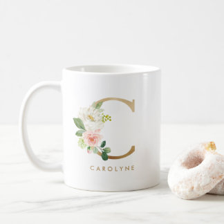 Caneca De Café Pastel Peony Floral - Letra C Dourada Monograma