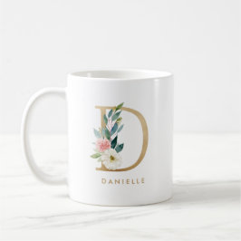 Caneca De Café Pastel Peony Floral - Letra D Gold Foil Monograma