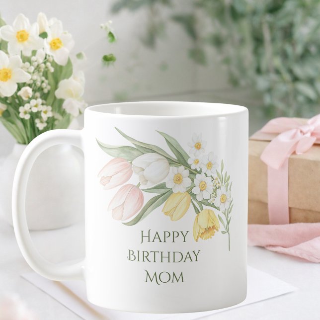 Caneca De Café Pastel Pink Tulips Daffodils Floral Birthday Mug (Criador carregado)