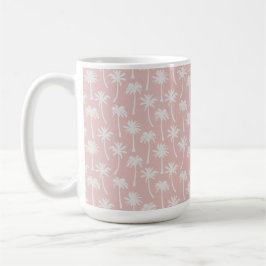 CANECA DE CAFÉ PASTEL ROSA COM PALMEIRAS TROPICAIS BRANCAS DE VER