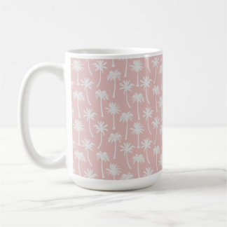 CANECA DE CAFÉ PASTEL ROSA COM PALMEIRAS TROPICAIS BRANCAS DE VER