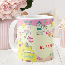 Caneca De Café Pastel Rosa Kawaii Doodle Feminino
