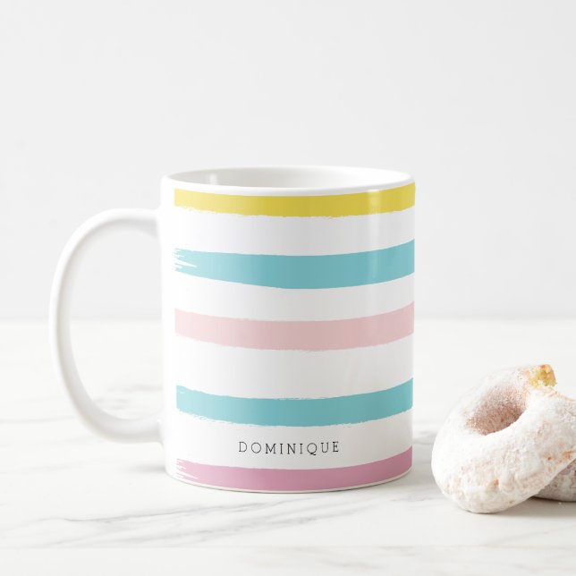 Caneca De Café Pastel Watercolor Stripes Modern Personalizado Mug (Com Donut)