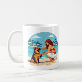 Caneca De Café Pastor Alemão Feliz E Mulher Se Conectando Na Prai