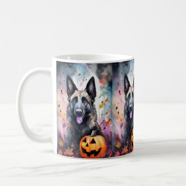 Caneca De Café Pastor Belga Halloween Com Pumpkins Assustado (Esquerda)