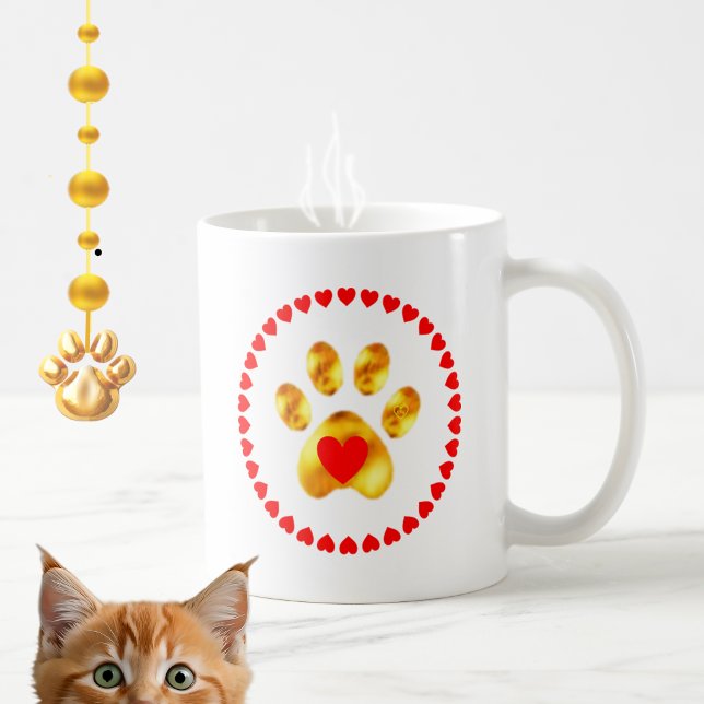 Caneca De Café Pata dourada elegante com corações (Criador carregado)