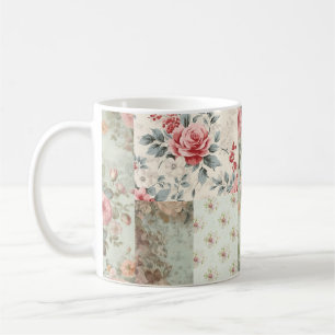 Caneca De Café Patchwork do Pastel Green Florals do Chique Vintag